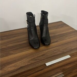 Jimmy Choo Black Leather Ankle Booties with Gold Buckle Authentic